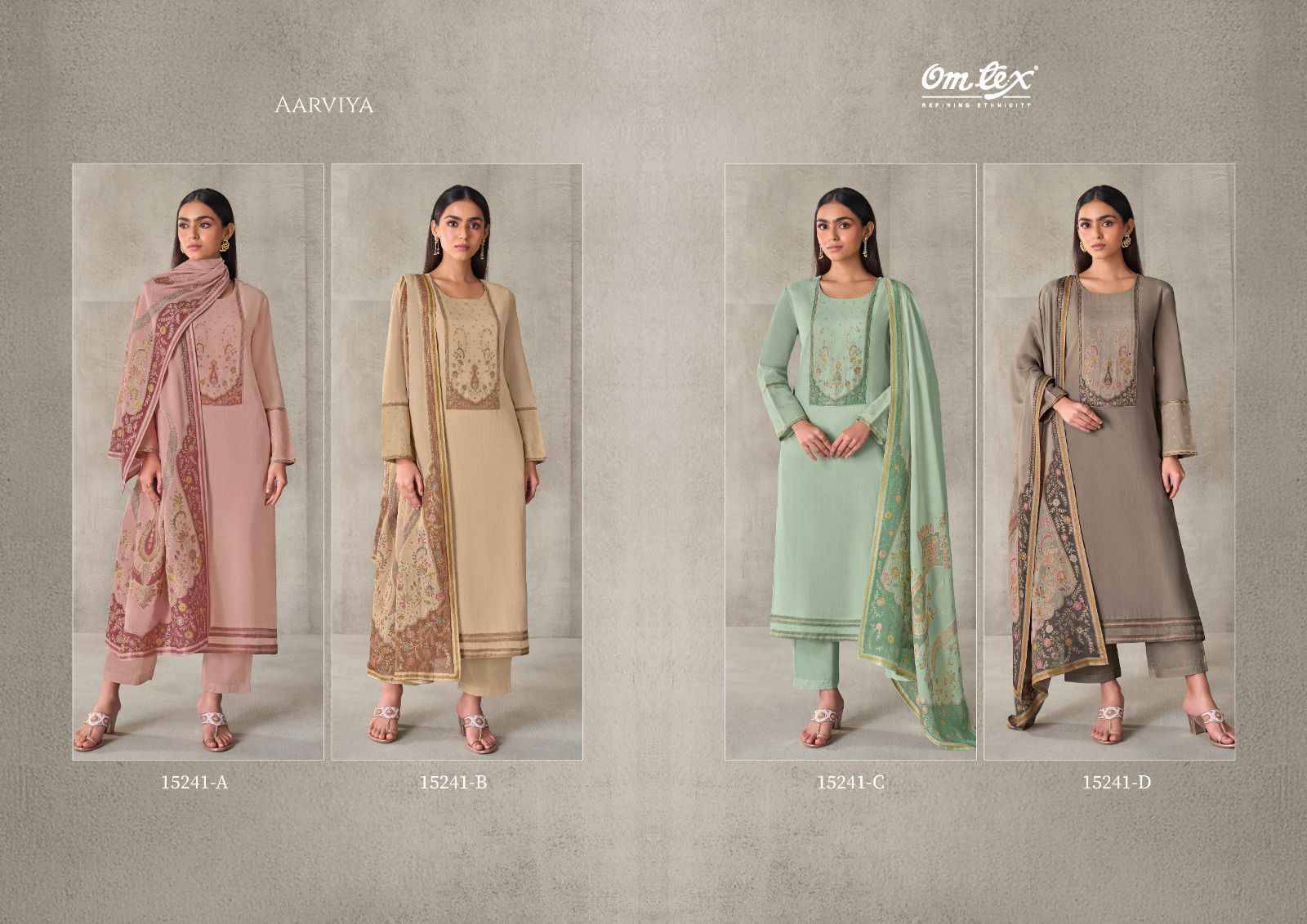 AARVIYA 15241 Series By Om Tex Beautiful Festive Suits Stylish Colorful Fancy Casual Wear & Ethnic Wear MAL CHANDERI SILK DIGITAL Dresses At Wholesale Price